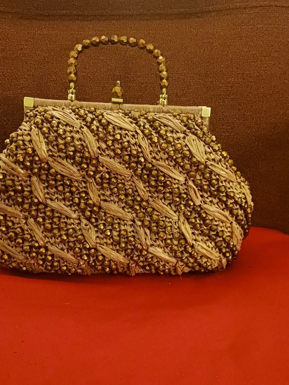 Woven Beaded Handbag in Tan